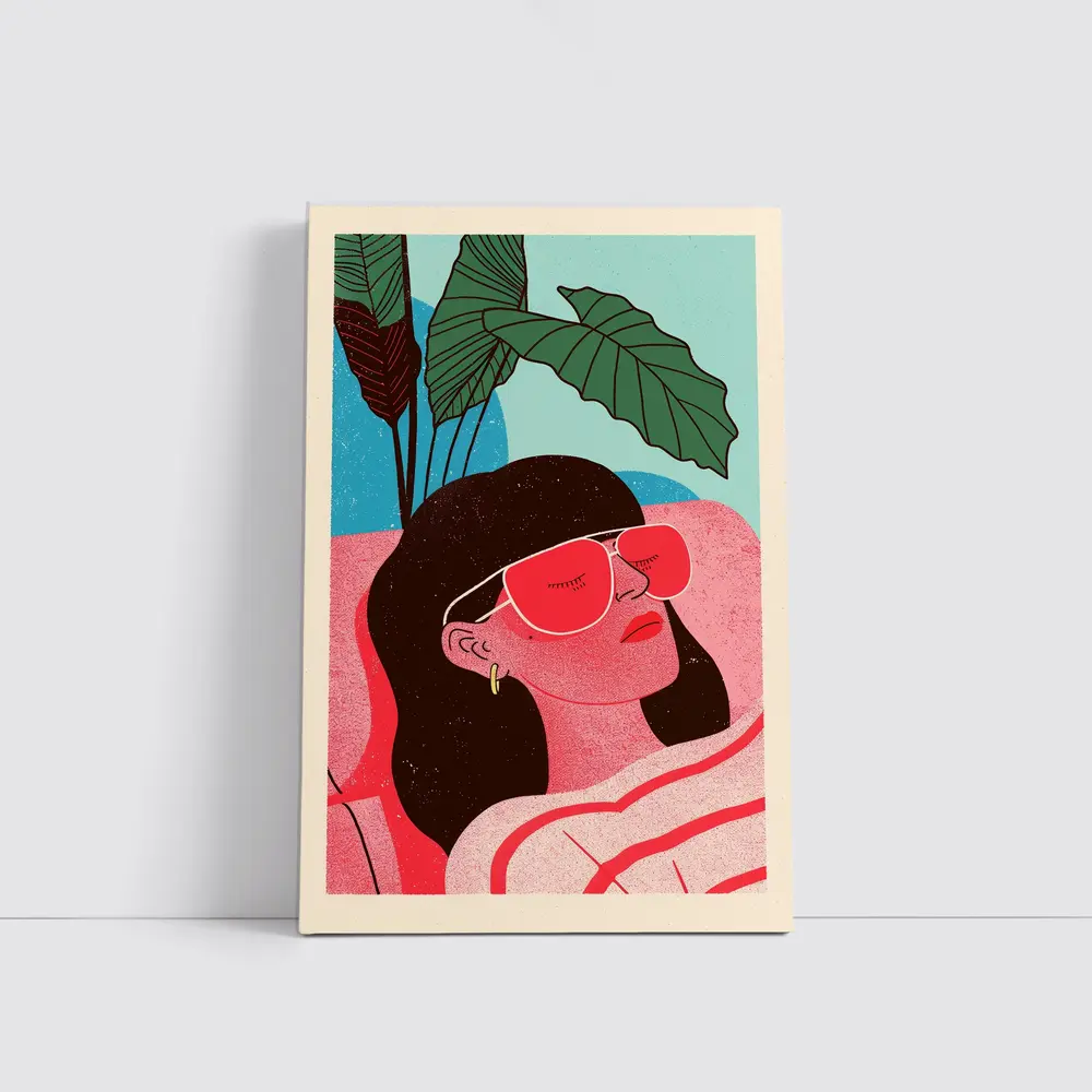 Relaxed Woman Sunglasses Tropical Plant Illustration – Wall Art