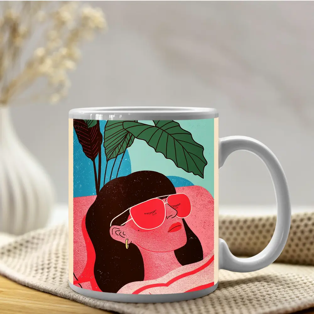Relaxed Woman Sunglasses Tropical Plant Illustration – Mugs