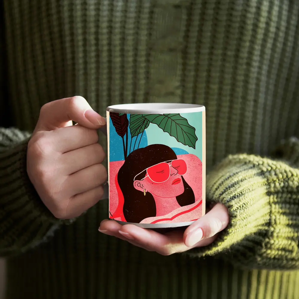 Relaxed Woman Sunglasses Tropical Plant Illustration – Mugs