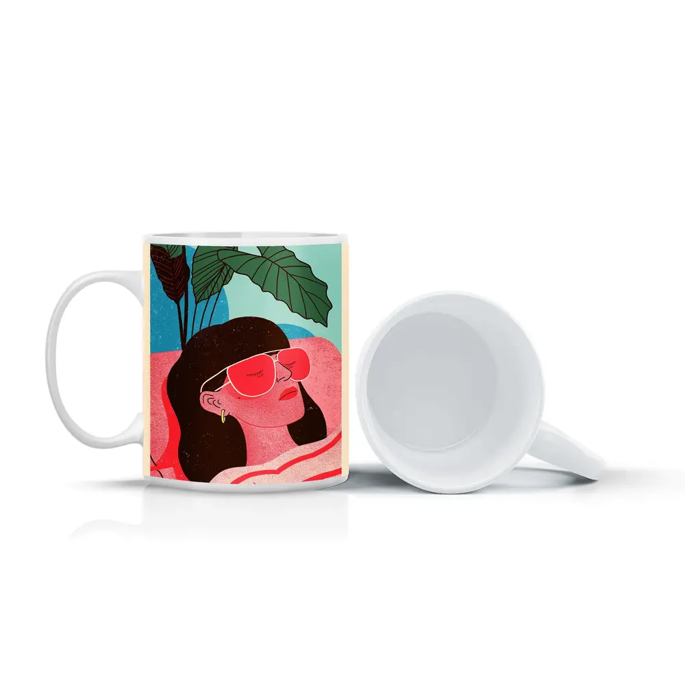 Relaxed Woman Sunglasses Tropical Plant Illustration – Mugs