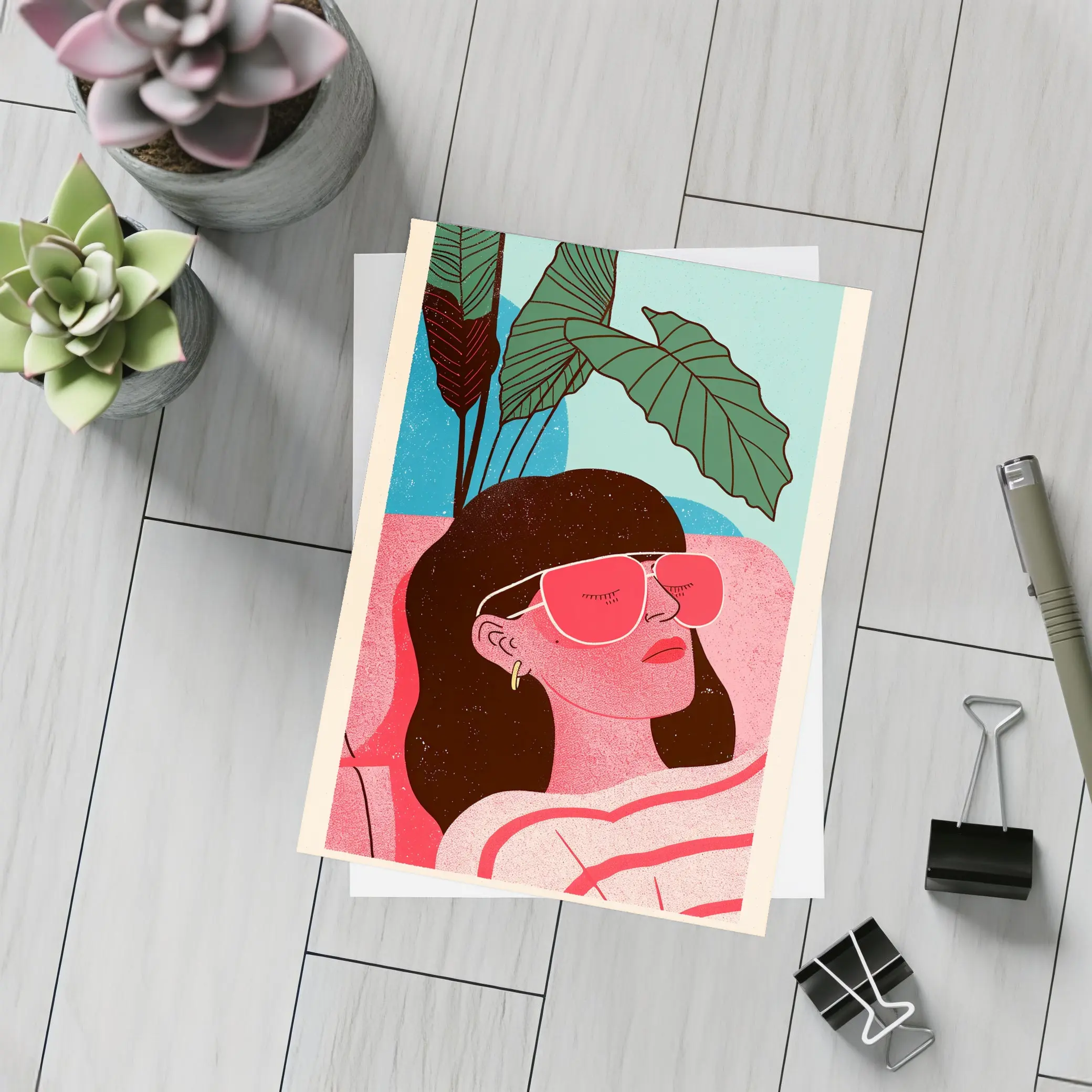 Relaxed Woman Sunglasses Tropical Plant Illustration – Postcards