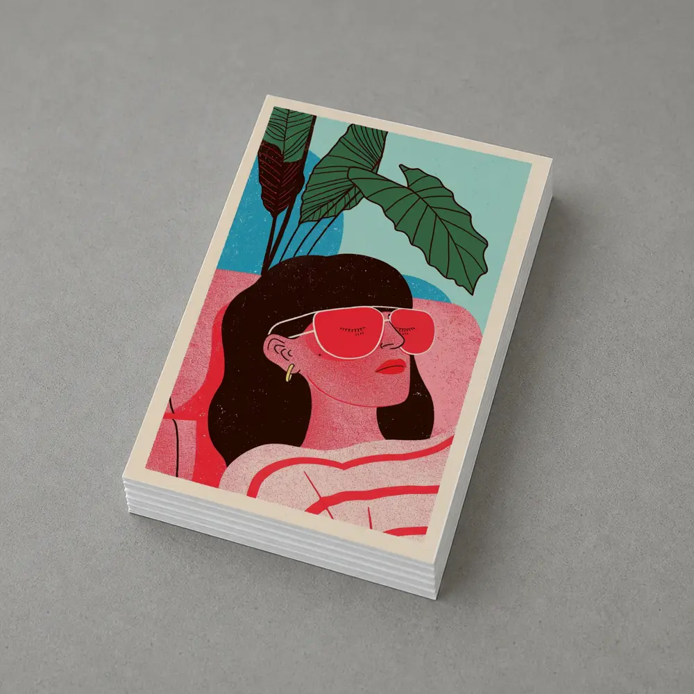 Relaxed Woman Sunglasses Tropical Plant Illustration – Postcards