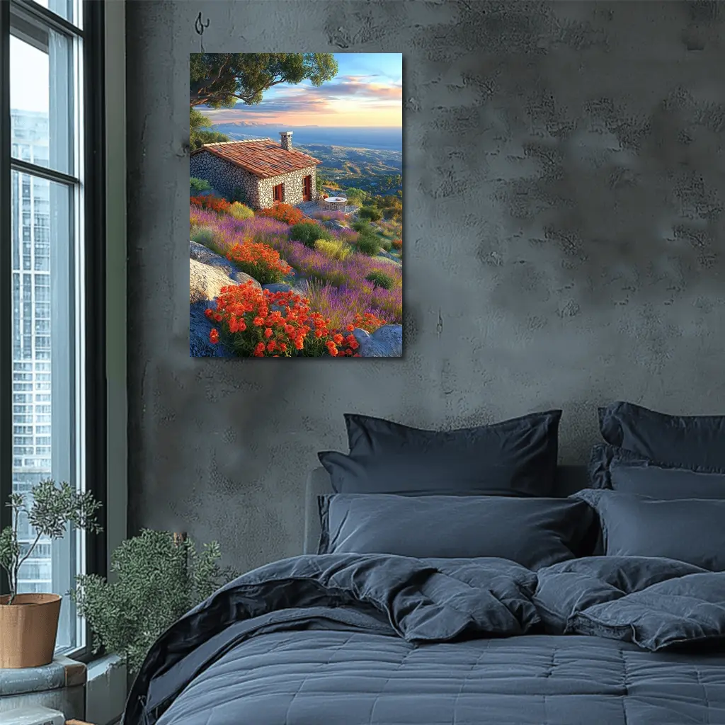 Stone Cottage Hillside Wildflowers Sunset Landscape – Wall Art