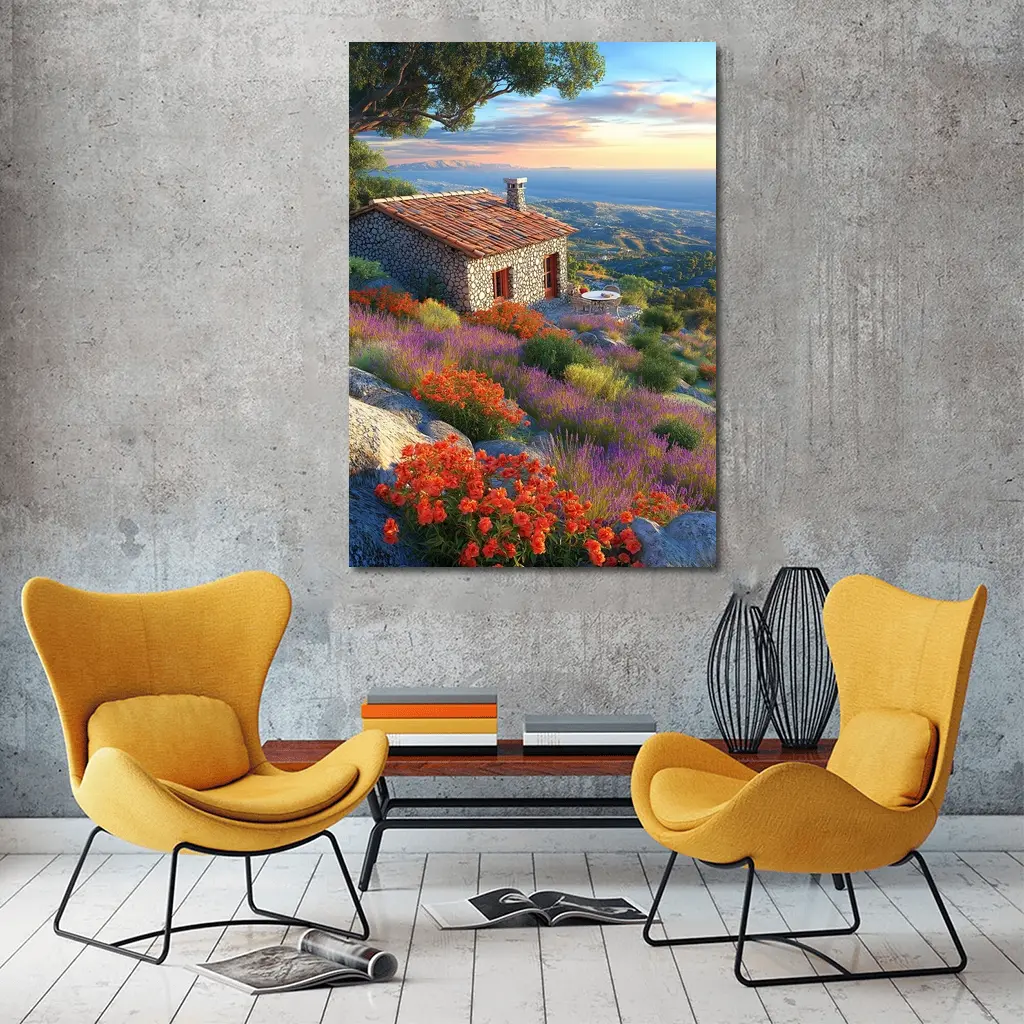 Stone Cottage Hillside Wildflowers Sunset Landscape – Wall Art