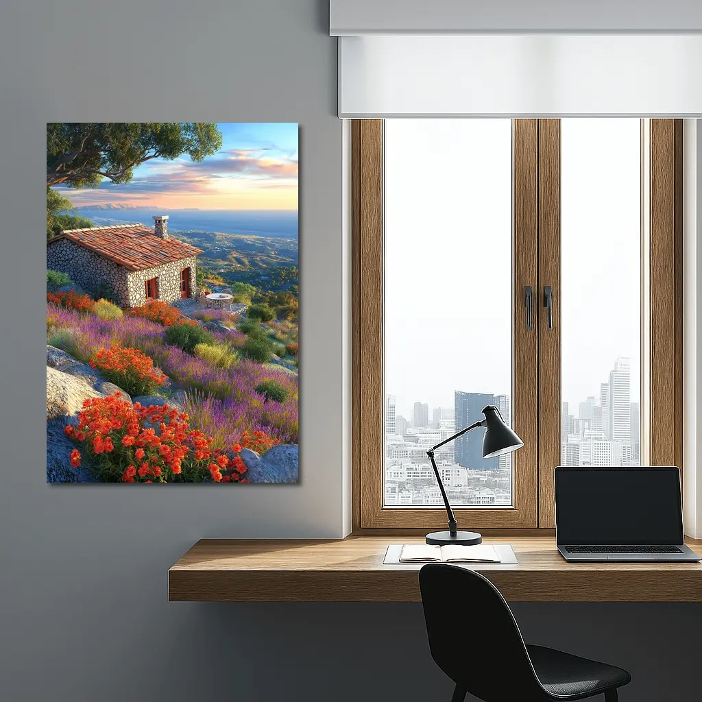 Stone Cottage Hillside Wildflowers Sunset Landscape – Wall Art