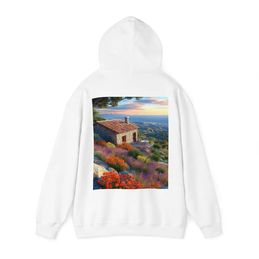 Stone Cottage Hillside Wildflowers Sunset Landscape – Hoodies