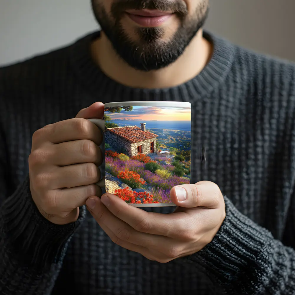 Stone Cottage Hillside Wildflowers Sunset Landscape – Mugs