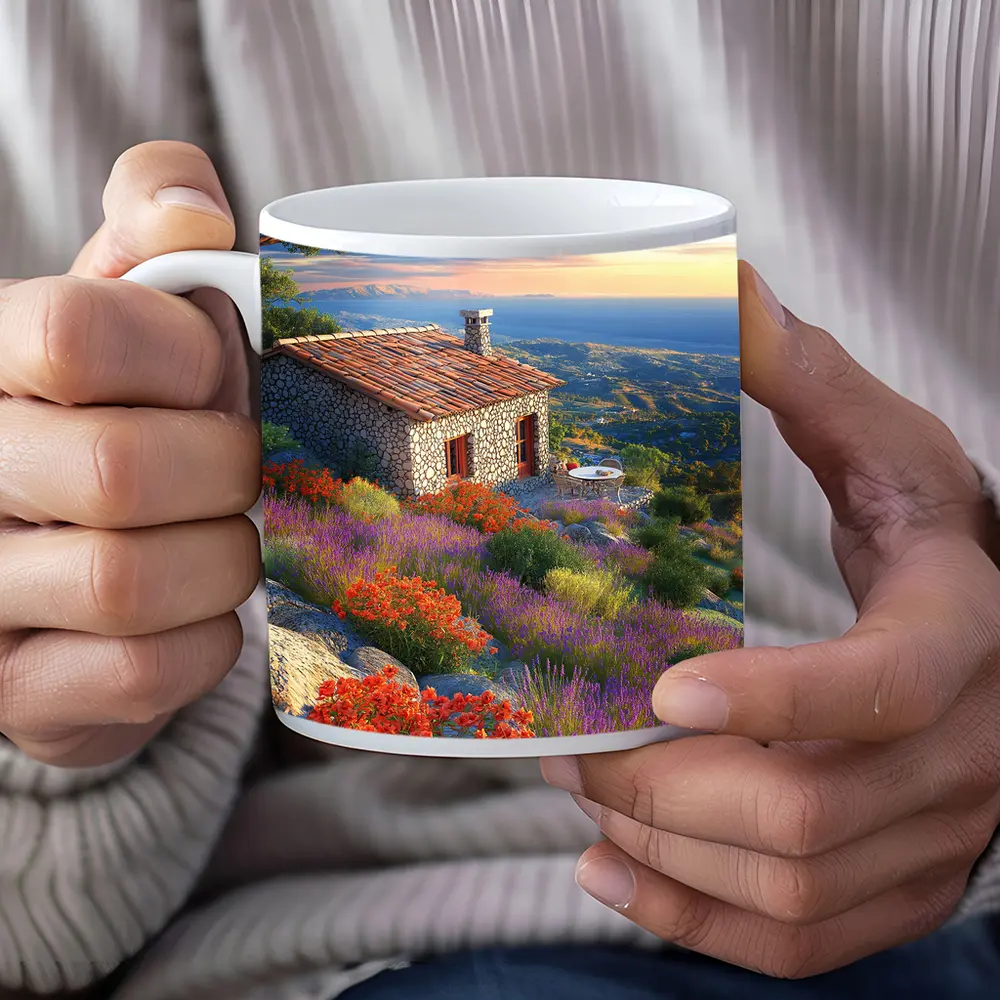 Stone Cottage Hillside Wildflowers Sunset Landscape – Mugs