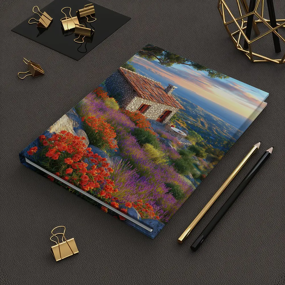 Stone Cottage Hillside Wildflowers Sunset Landscape – Notebooks