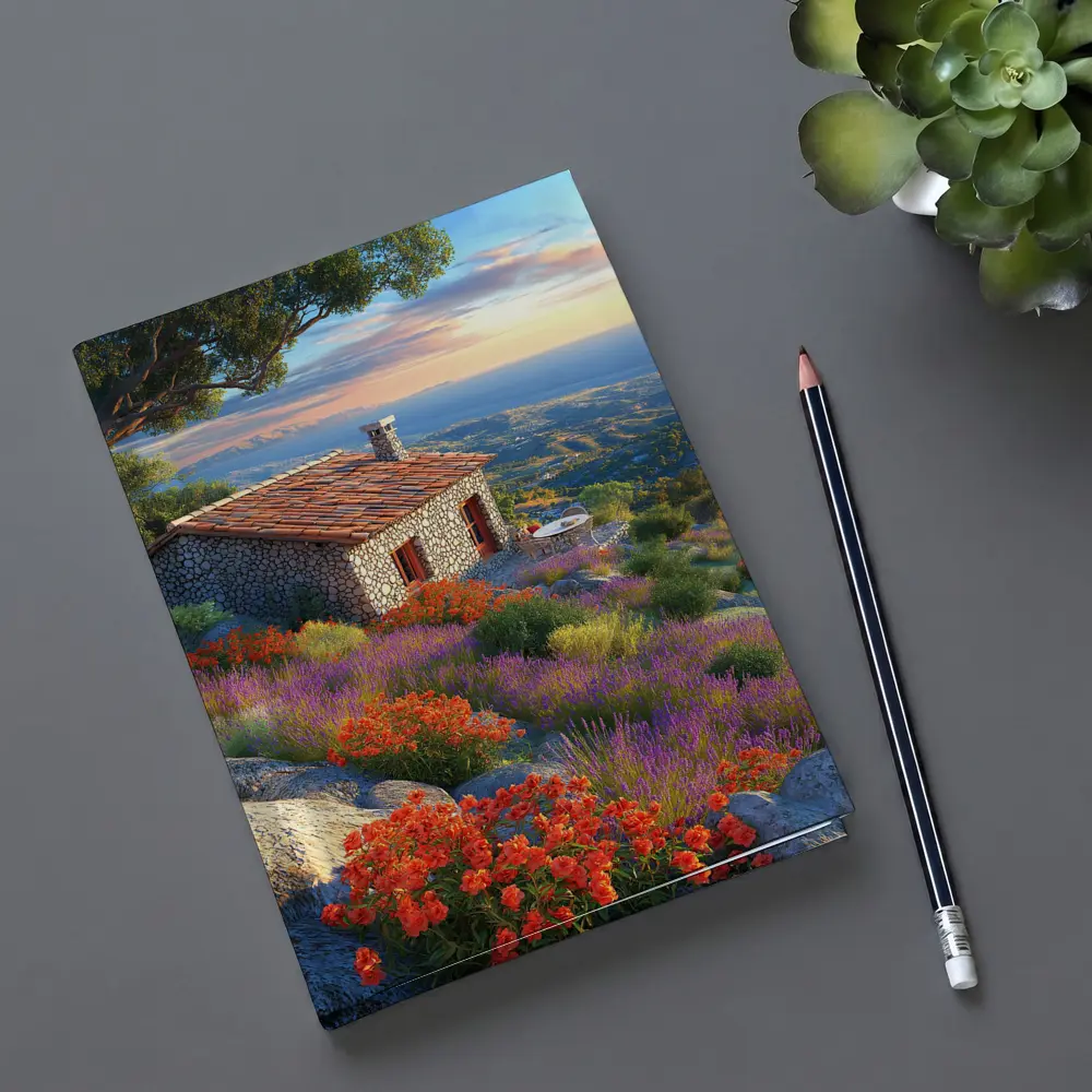 Stone Cottage Hillside Wildflowers Sunset Landscape – Notebooks