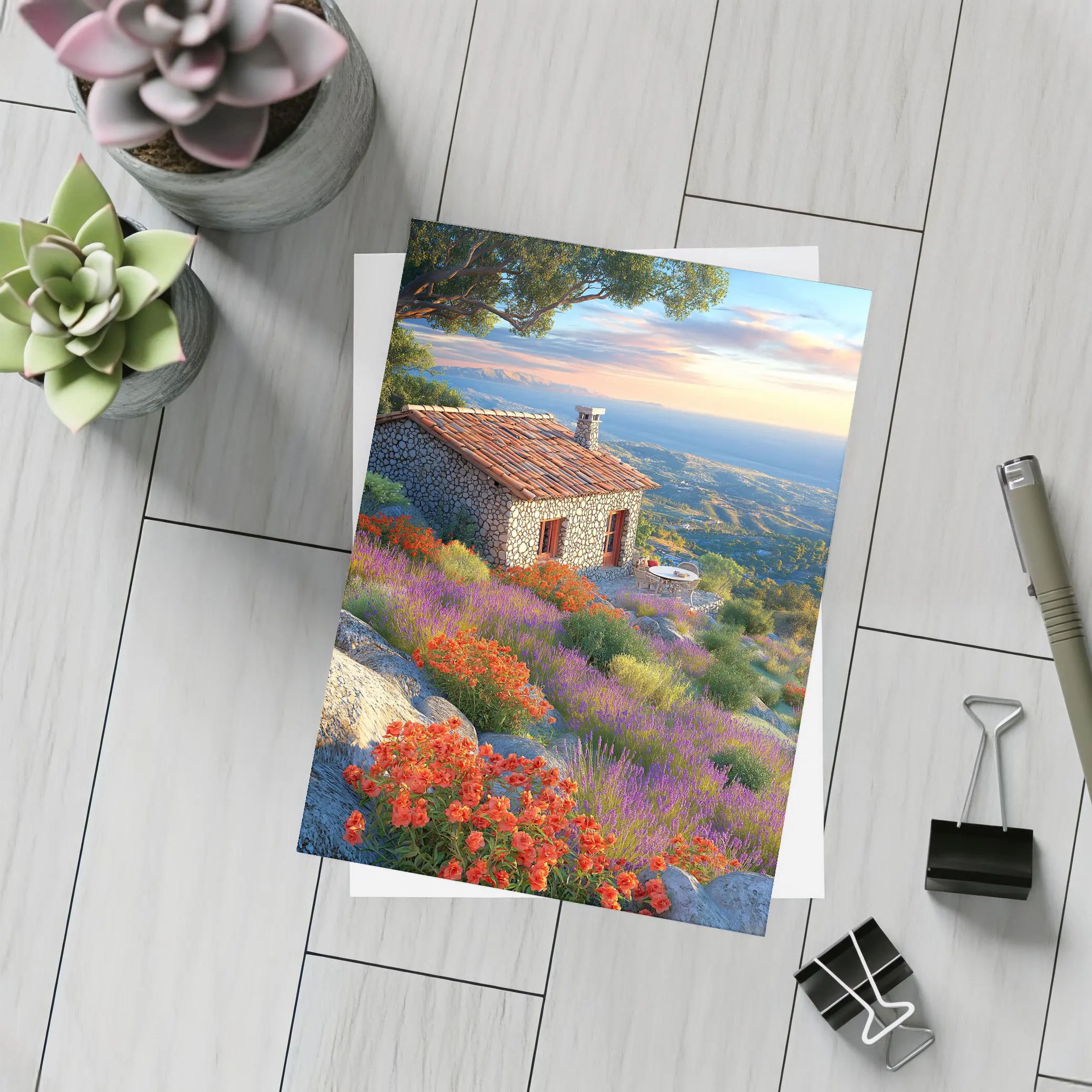 Stone Cottage Hillside Wildflowers Sunset Landscape – Postcards