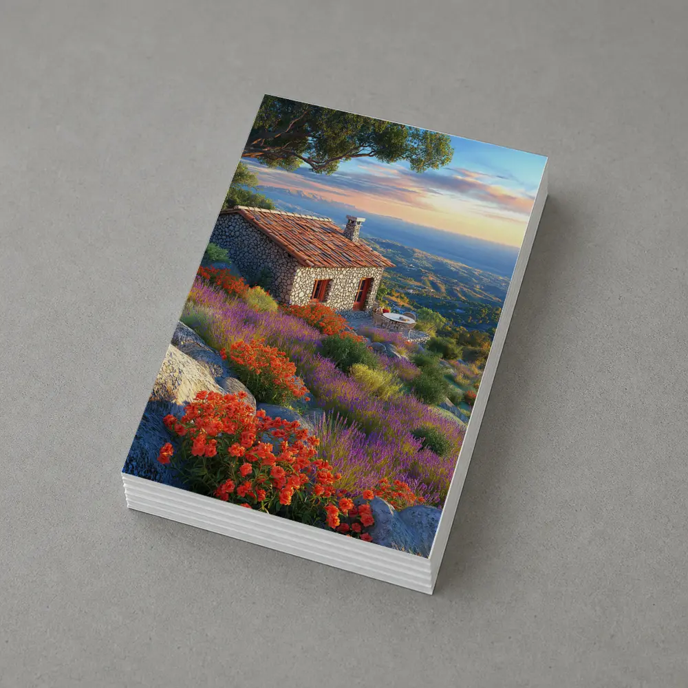 Stone Cottage Hillside Wildflowers Sunset Landscape – Postcards