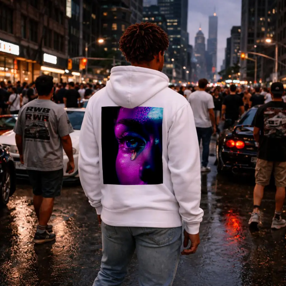 Neon Glitter Eye Tear Dark Background – Hoodies