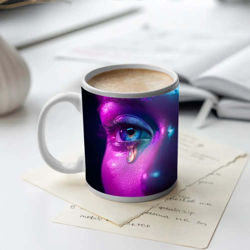 Neon Glitter Eye Tear Dark Background – Mugs
