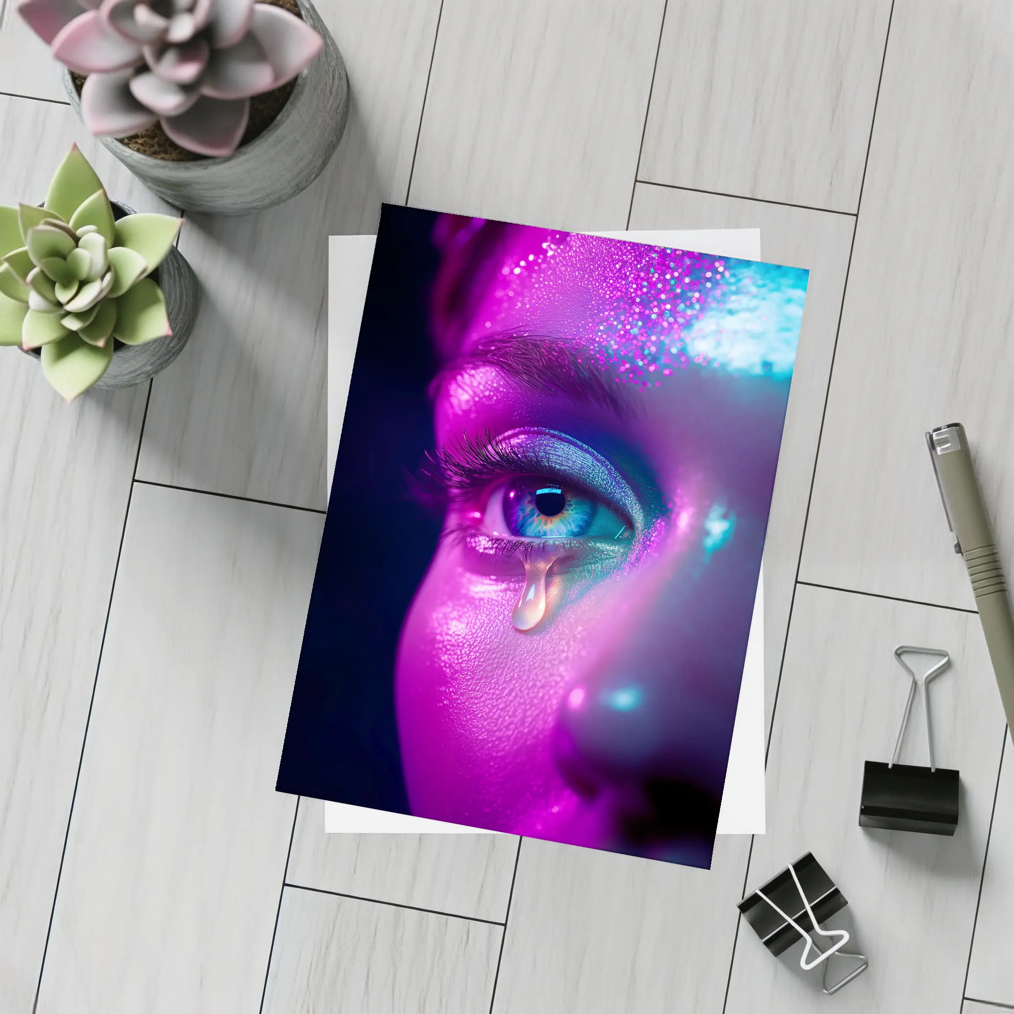 Neon Glitter Eye Tear Dark Background – Postcards