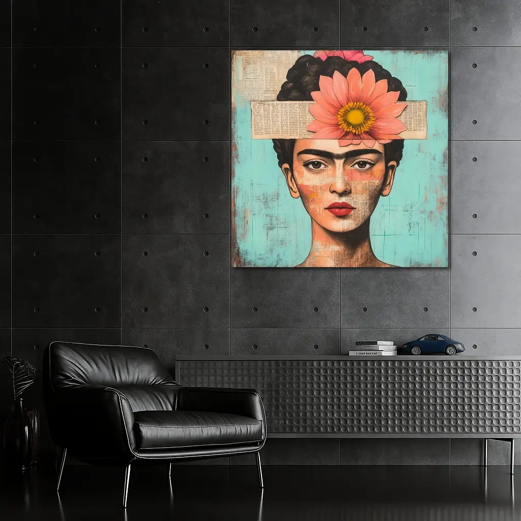 Frida Inspired Woman Collage Teal Background – Wall Art