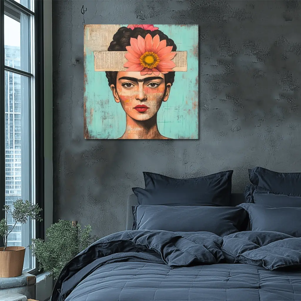 Frida Inspired Woman Collage Teal Background – Wall Art
