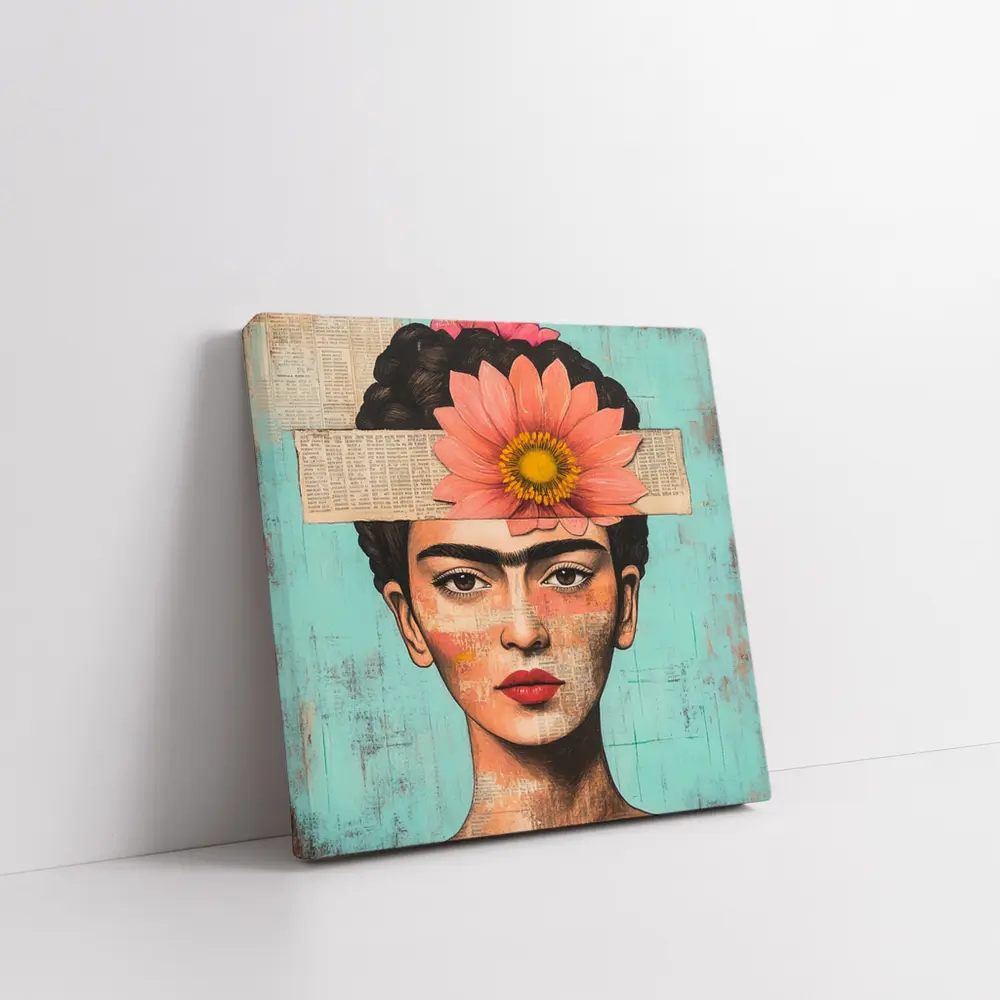 Frida Inspired Woman Collage Teal Background – Wall Art