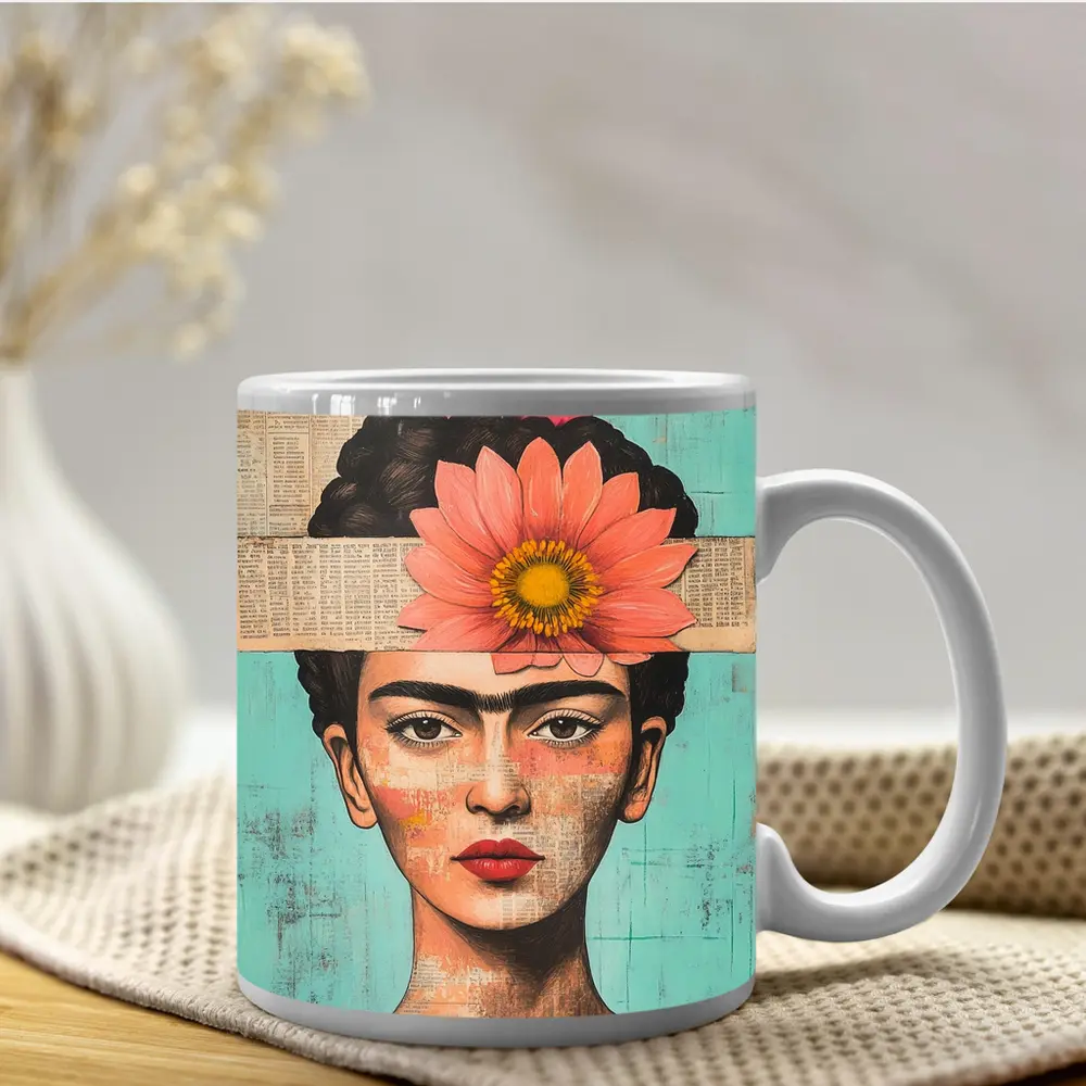 Frida Inspired Woman Collage Teal Background – Mugs