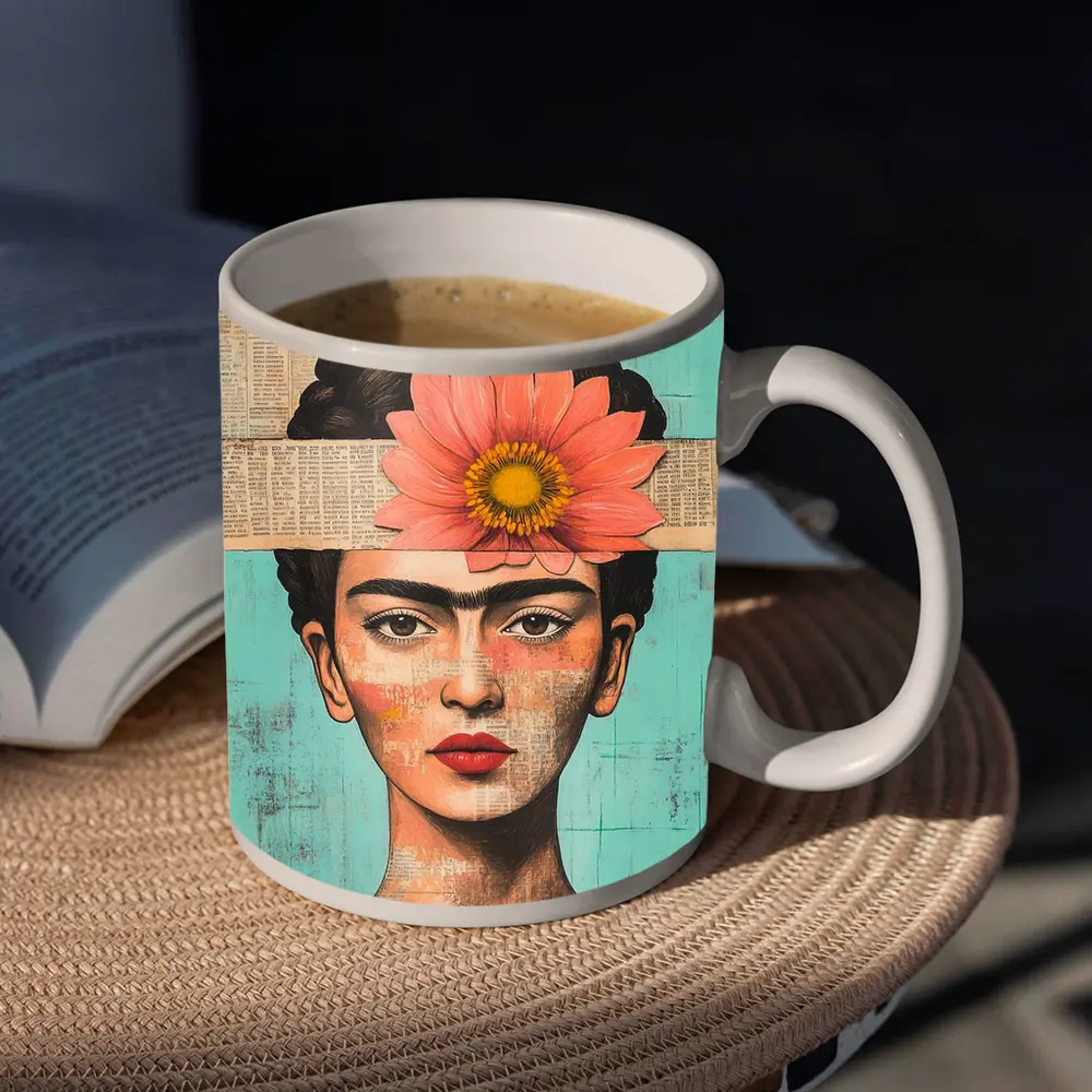Frida Inspired Woman Collage Teal Background – Mugs
