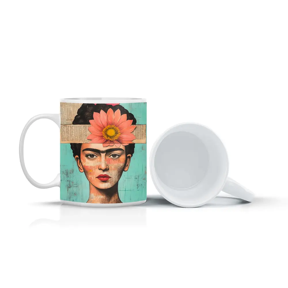 Frida Inspired Woman Collage Teal Background – Mugs