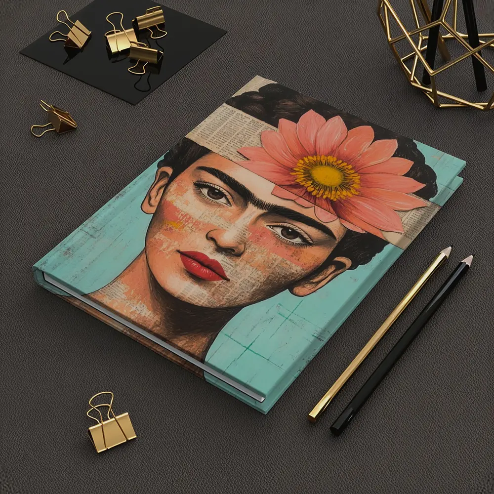 Frida Inspired Woman Collage Teal Background – Notebooks