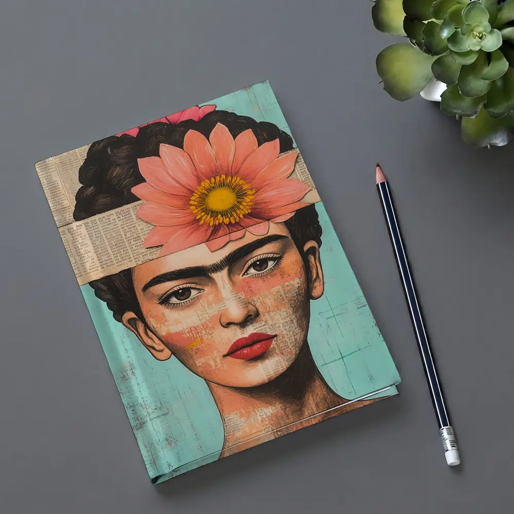 Frida Inspired Woman Collage Teal Background – Notebooks
