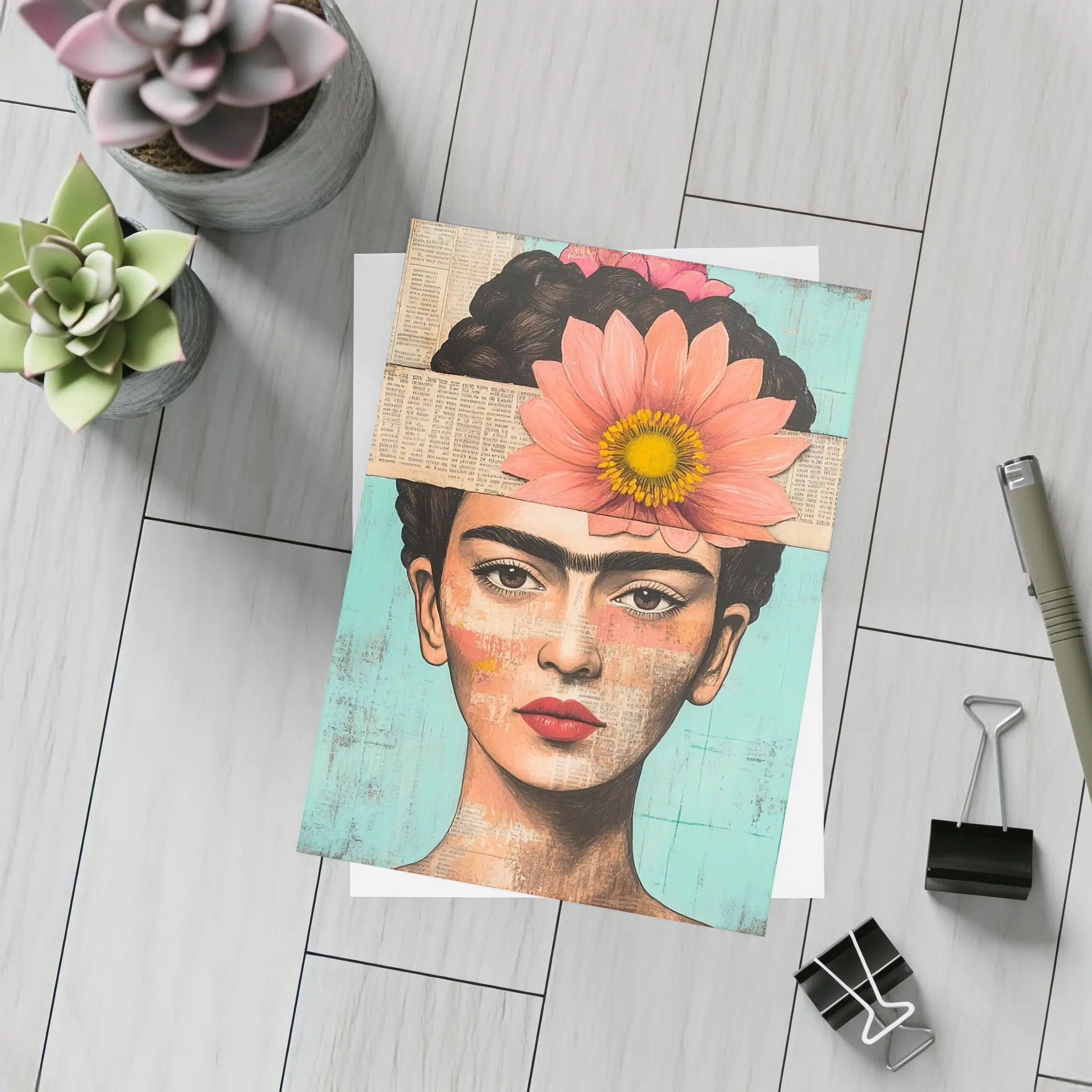 Frida Inspired Woman Collage Teal Background – Postcards