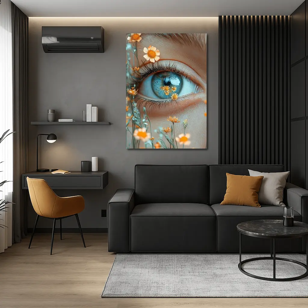 Blue Eye Close Up With Orange Wildflowers – Wall Art