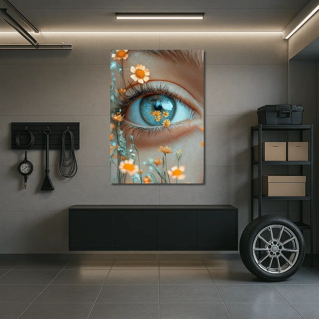Blue Eye Close Up With Orange Wildflowers – Wall Art