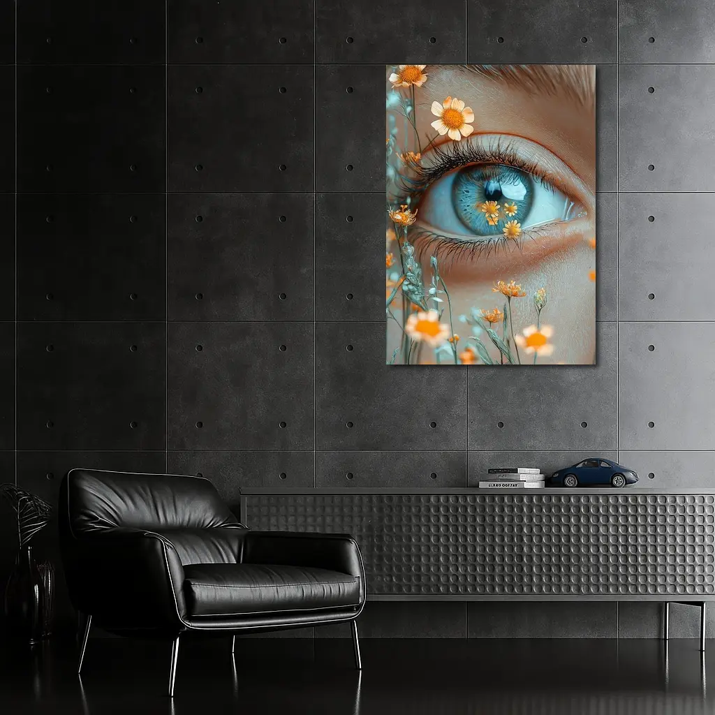 Blue Eye Close Up With Orange Wildflowers – Wall Art