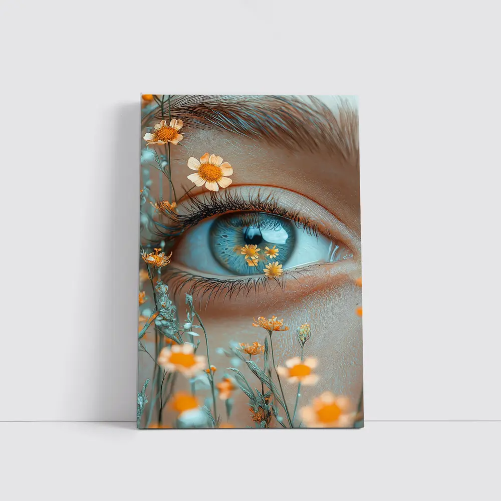 Blue Eye Close Up With Orange Wildflowers – Wall Art