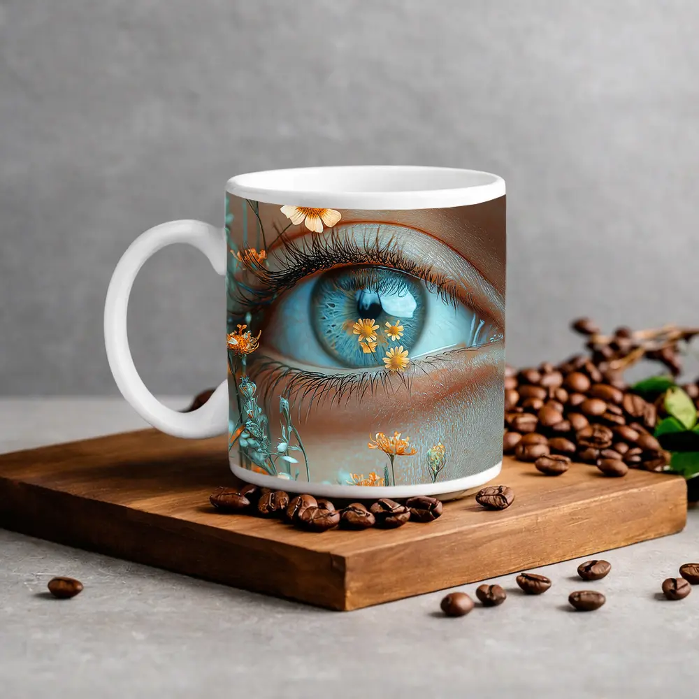 Blue Eye Close Up With Orange Wildflowers – Mugs