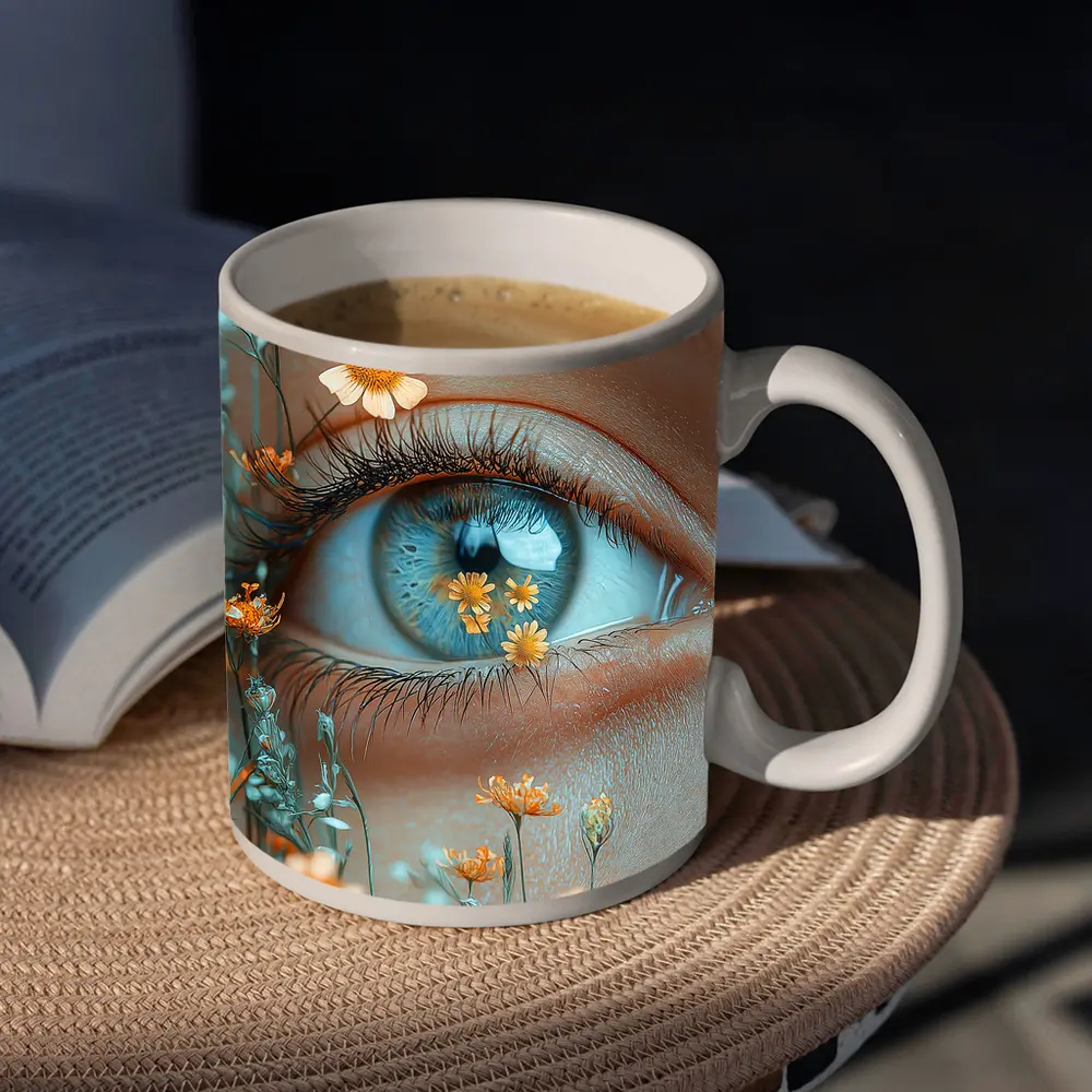 Blue Eye Close Up With Orange Wildflowers – Mugs