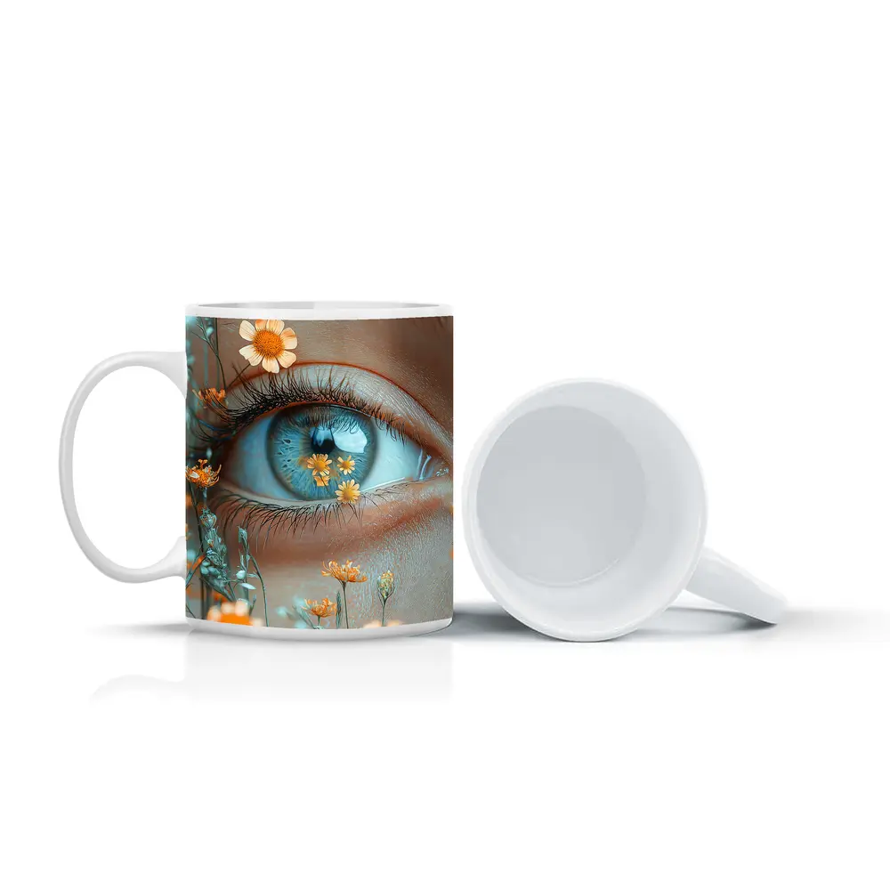 Blue Eye Close Up With Orange Wildflowers – Mugs
