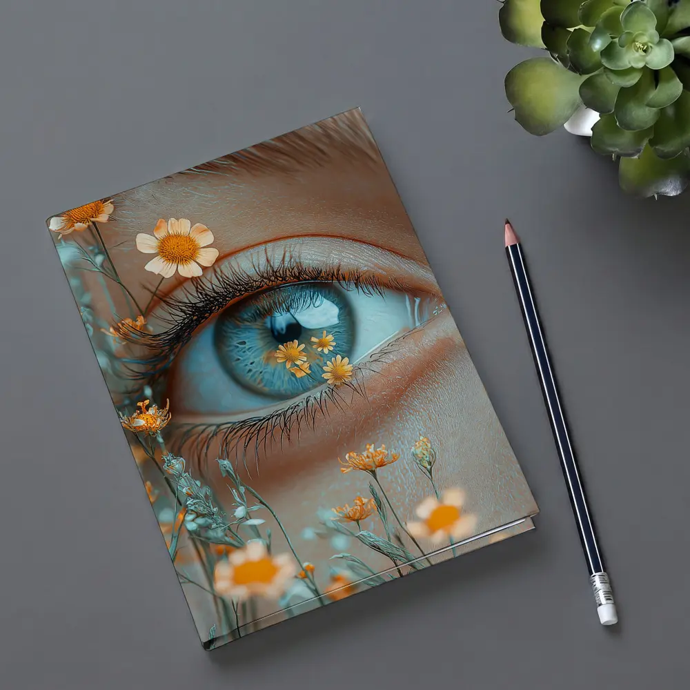 Blue Eye Close Up With Orange Wildflowers – Notebooks