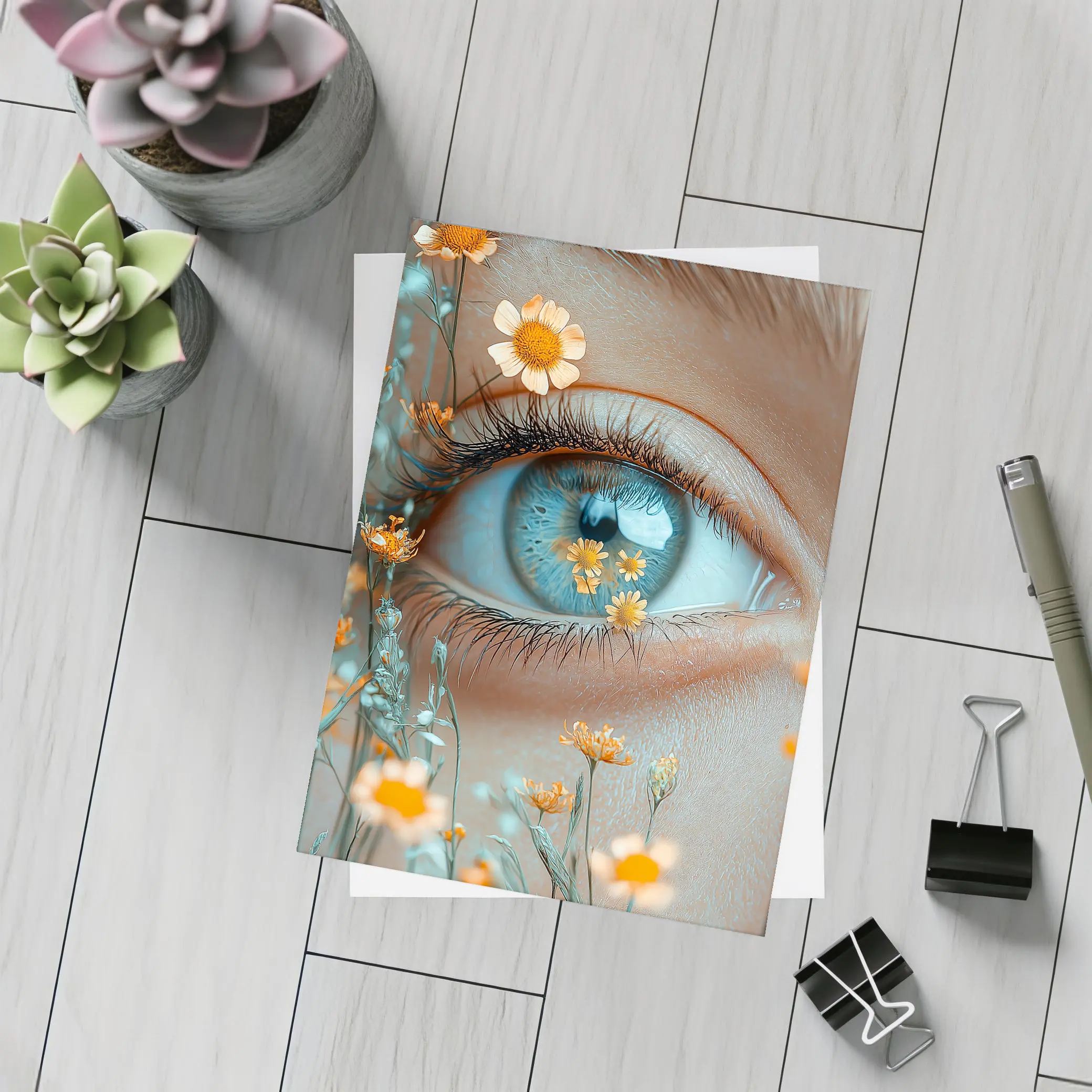 Blue Eye Close Up With Orange Wildflowers – Postcards