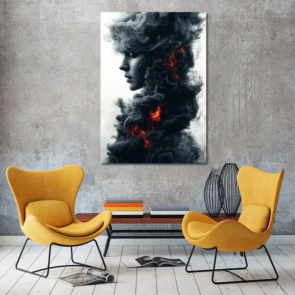 Woman Face Dark Smoke Fire Abstract Art – Wall Art