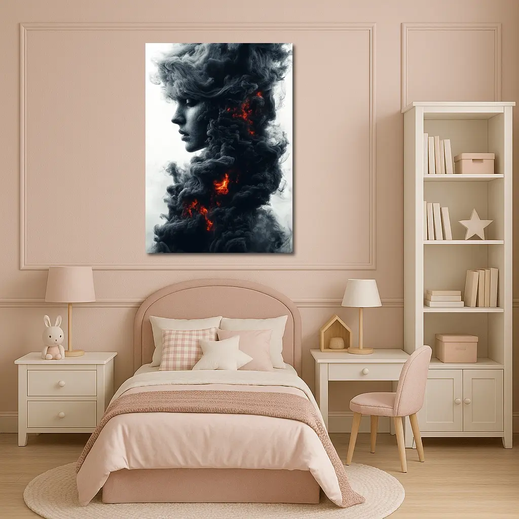 Woman Face Dark Smoke Fire Abstract Art – Wall Art