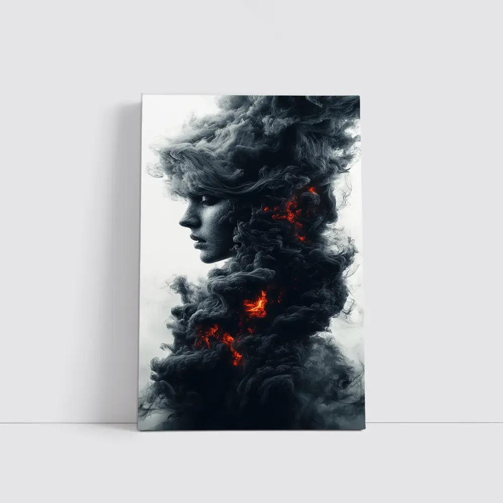 Woman Face Dark Smoke Fire Abstract Art – Wall Art