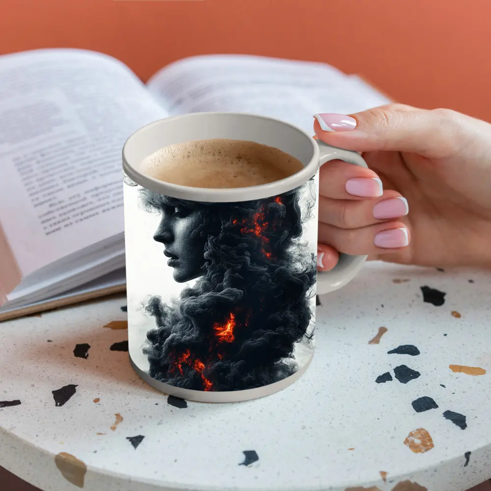 Woman Face Dark Smoke Fire Abstract Art – Mugs