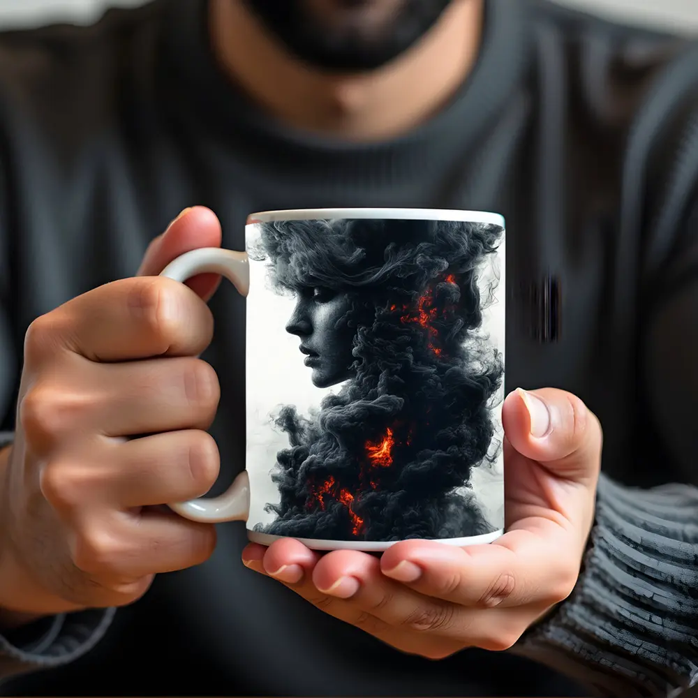 Woman Face Dark Smoke Fire Abstract Art – Mugs