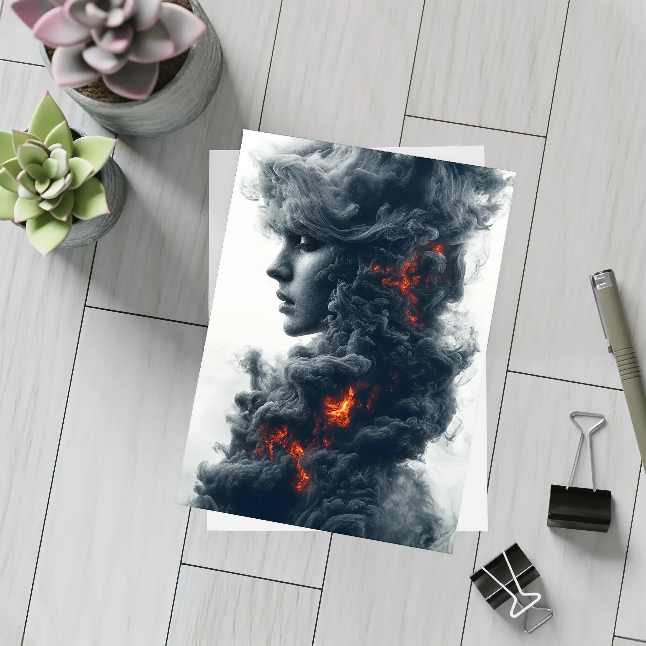 Woman Face Dark Smoke Fire Abstract Art – Postcards