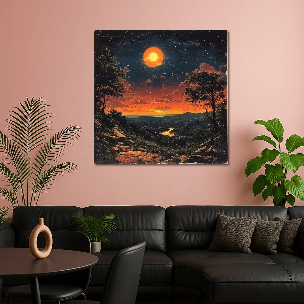 Retro Orange Moon Sunset Valley Landscape Art – Wall Art
