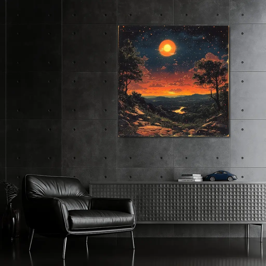 Retro Orange Moon Sunset Valley Landscape Art – Wall Art