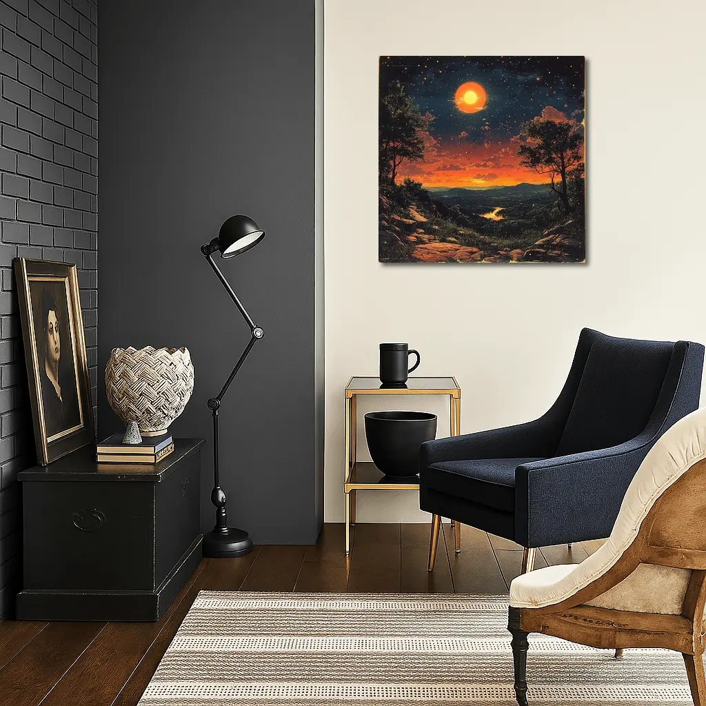 Retro Orange Moon Sunset Valley Landscape Art – Wall Art