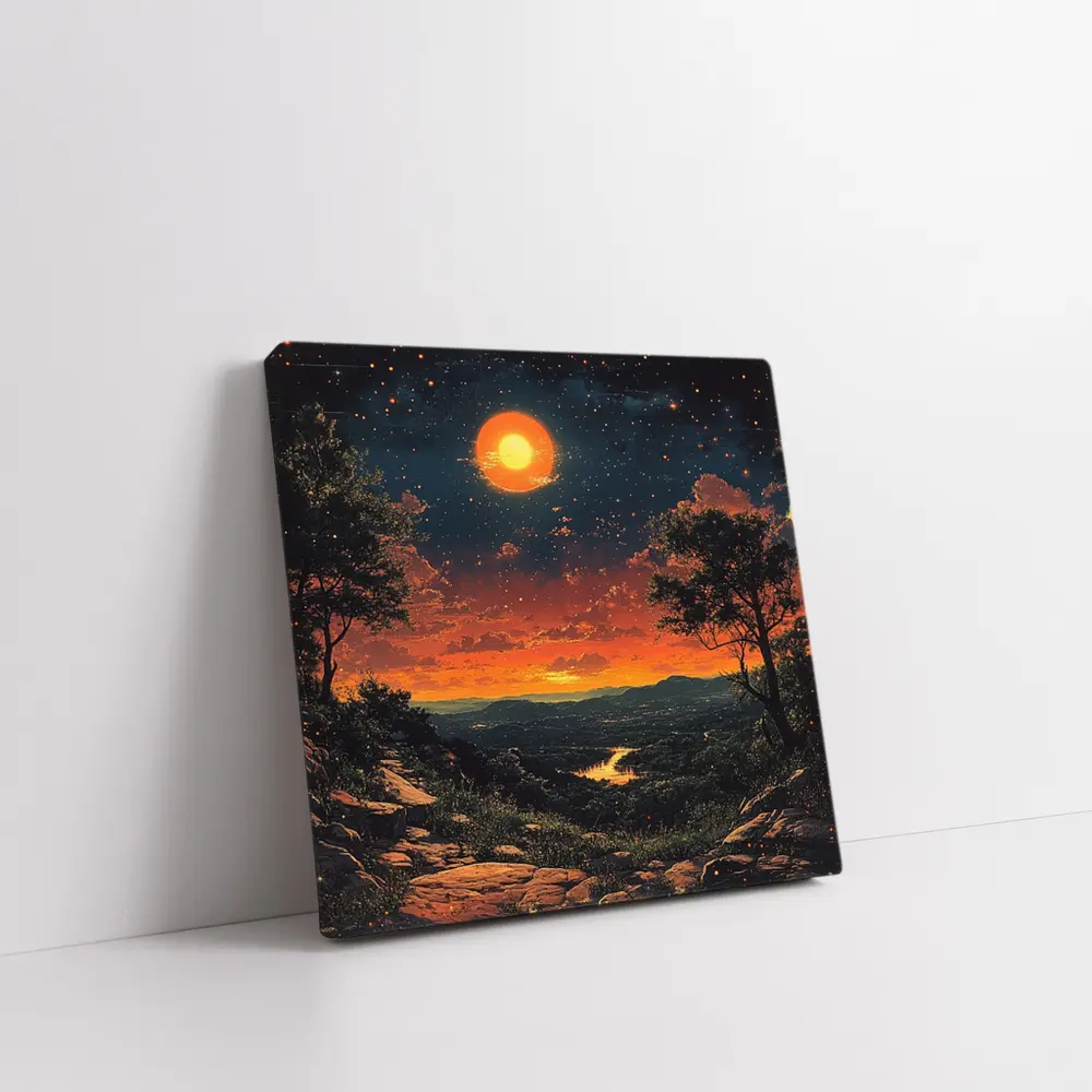 Retro Orange Moon Sunset Valley Landscape Art – Wall Art