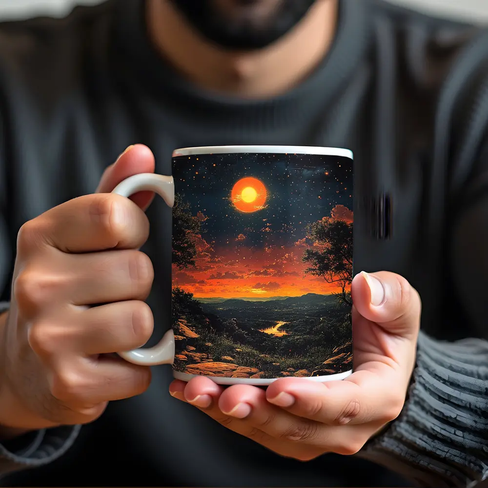 Retro Orange Moon Sunset Valley Landscape Art – Mugs