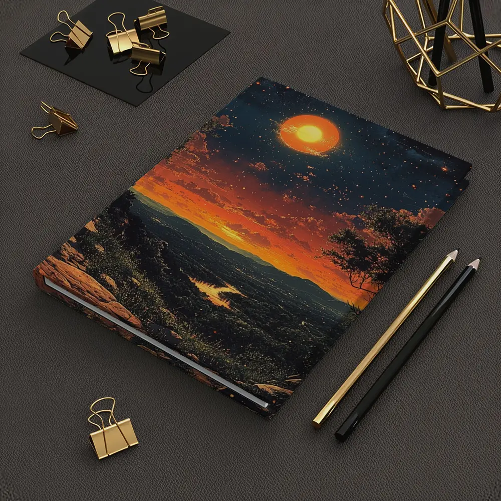 Retro Orange Moon Sunset Valley Landscape Art – Notebooks