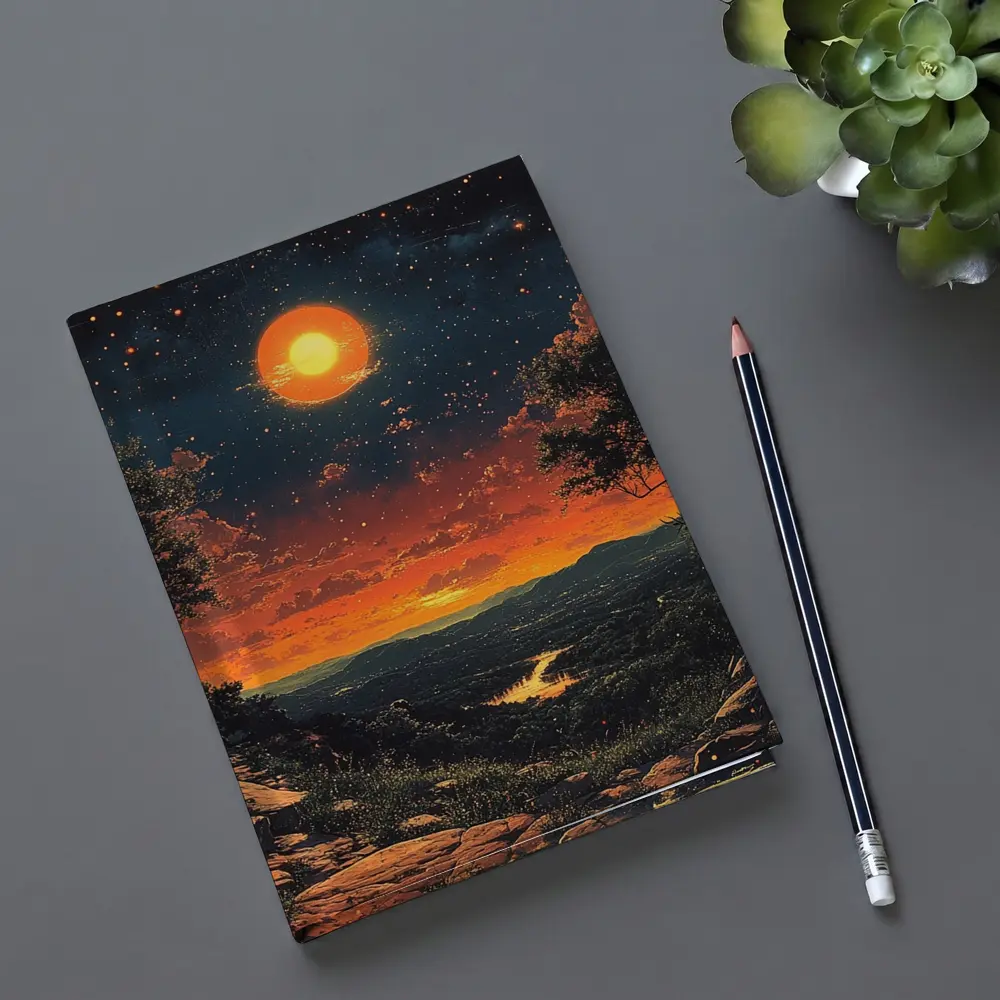 Retro Orange Moon Sunset Valley Landscape Art – Notebooks